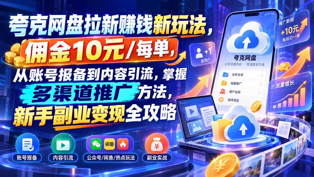 夸克网盘拉新赚钱新玩法，佣金10元/每单，从账号报备到内容引流，掌握多渠道推广方法，新手副业变现全攻略-轻创终点站