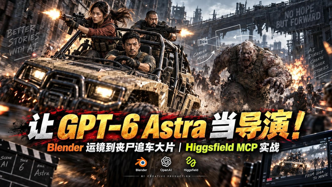 让GPT-6 Astra当导演！Blender运镜到丧尸追车大片｜Higgsfield MCP实战-轻创终点站
