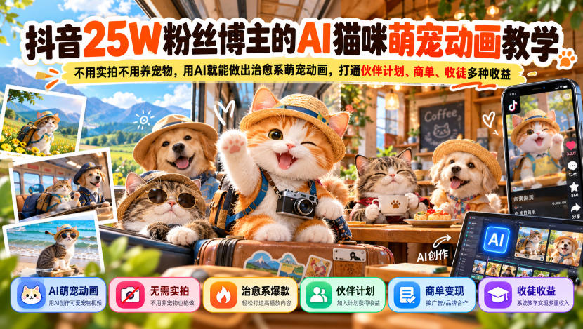 抖音25W粉丝博主的AI猫咪萌宠动画教学，不用实拍不用养宠物，用AI就能做出治愈系萌宠动画，打通伙伴计划、商单、收徒多种收益-轻创终点站