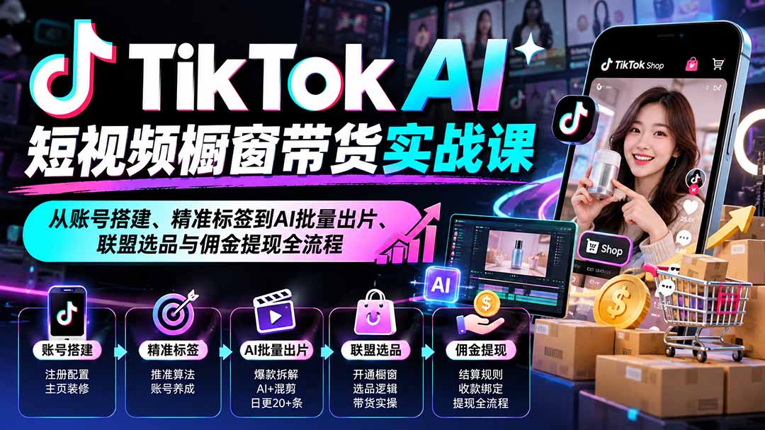 TikTok AI短视频橱窗带货实战课：从账号搭建、精准标签到AI批量出片、联盟选品与佣金提现全流程-轻创终点站