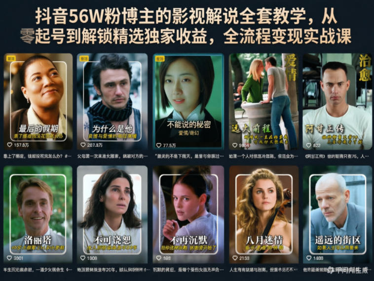 抖音56W粉博主的影视解说全套教学，从零起号到解锁精选独家收益，全流程变现实战课-源创文化:轻创终点站