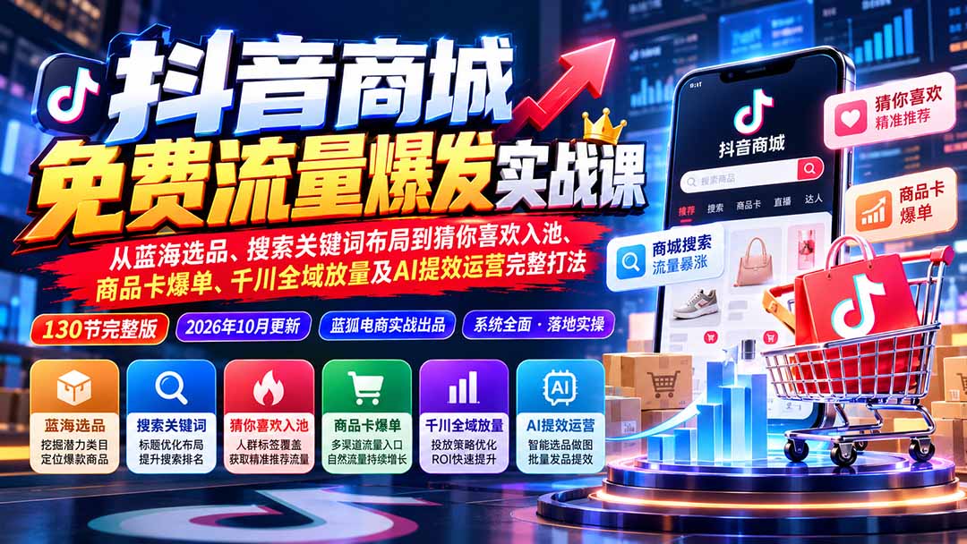 抖音商城免费流量爆发实战：从蓝海选品、搜索关键词布局到猜你喜欢入池、商品卡爆单、千川全域放量及AI提效完整打法-轻创终点站
