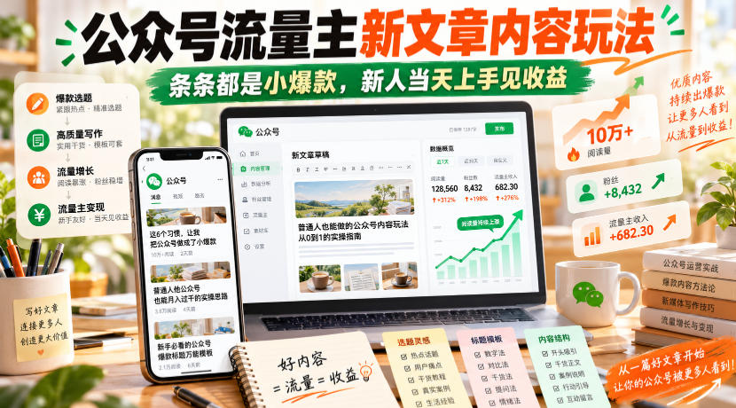 公众号流量主新文章内容玩法，条条都是小爆款，新人当天上手见收益-轻创终点站