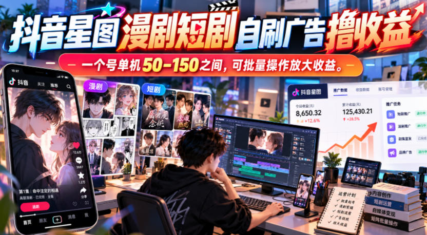 抖音星图漫剧短剧自刷广告撸收益，一个号单机50-150之间，可批量操作放大收益-轻创终点站