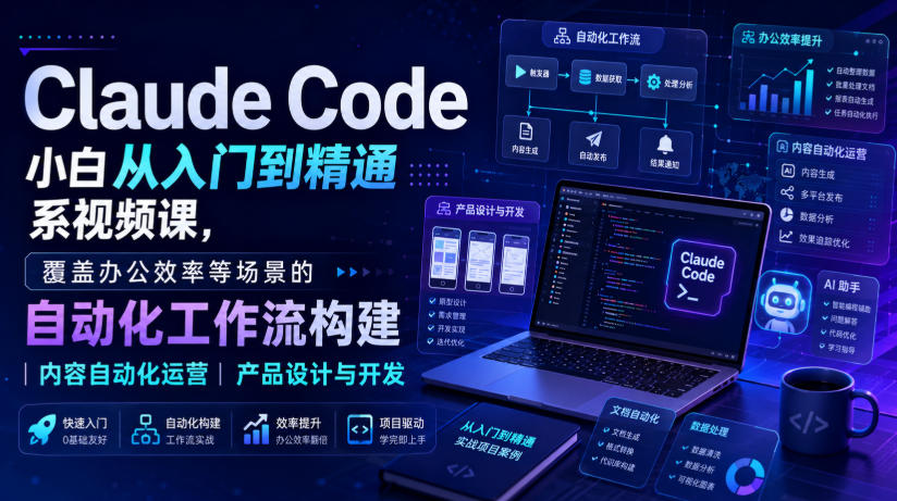 Claude Code小白从入门到精通系视频课，覆盖办公效率等场景的自动化工作流构建|内容自动化运营|产品设计与开发-轻创终点站