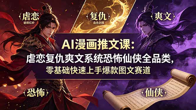 AI漫画推文课：虐恋复仇爽文系统恐怖仙侠全品类，零基础快速上手爆款图文赛道-源创文化:轻创终点站