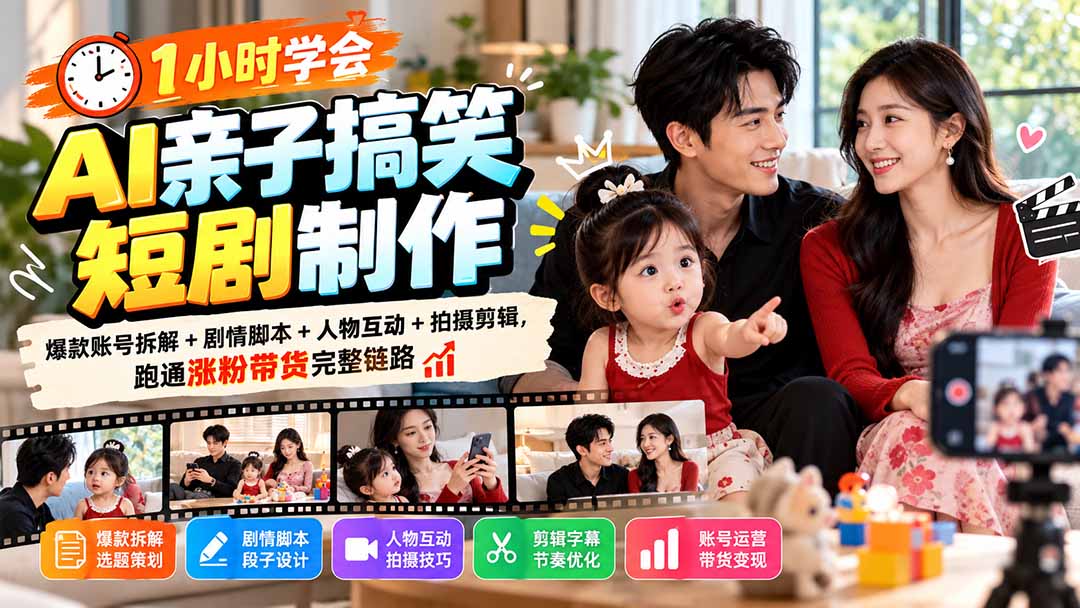 1小时学会AI亲子搞笑短剧制作：爆款账号拆解+剧情脚本+人物互动+拍摄剪辑，跑通涨粉带货完整链路-轻创终点站