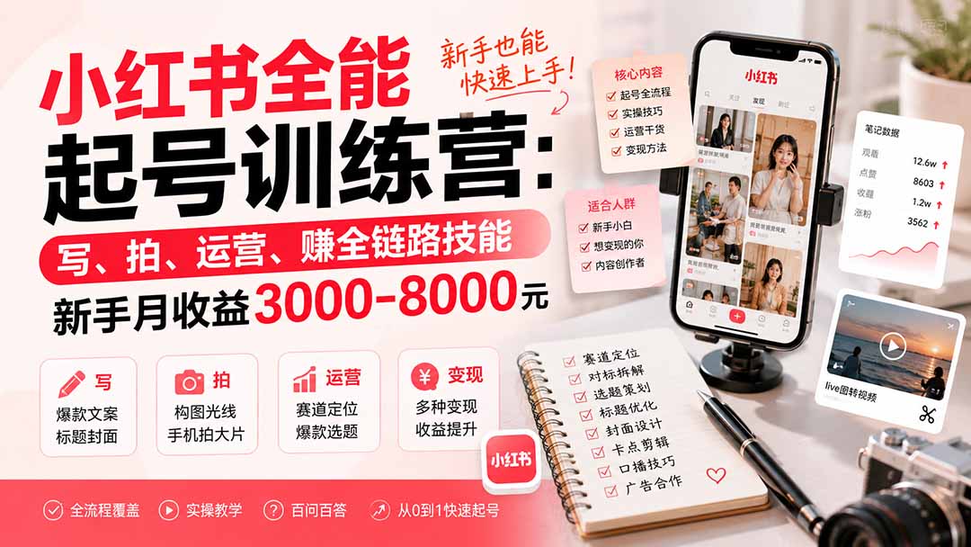 小红书全能起号训练营-更新：写、拍、运营、赚全链路技能，新手月收益3000-8000元-轻创终点站
