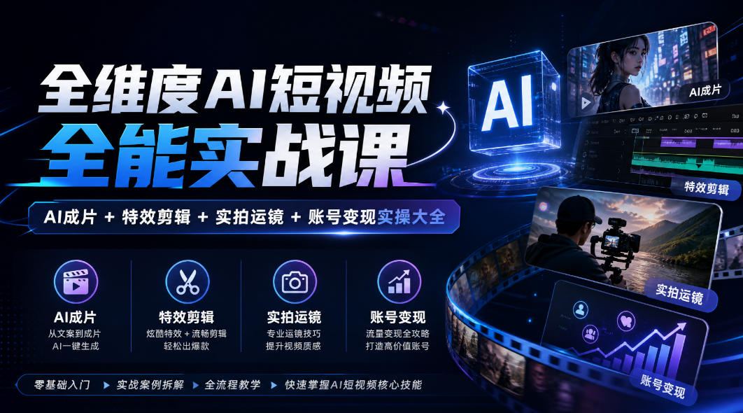 全维度AI短视频全能实战课，AI成片+特效剪辑+实拍运镜+账号变现实操大全-轻创终点站