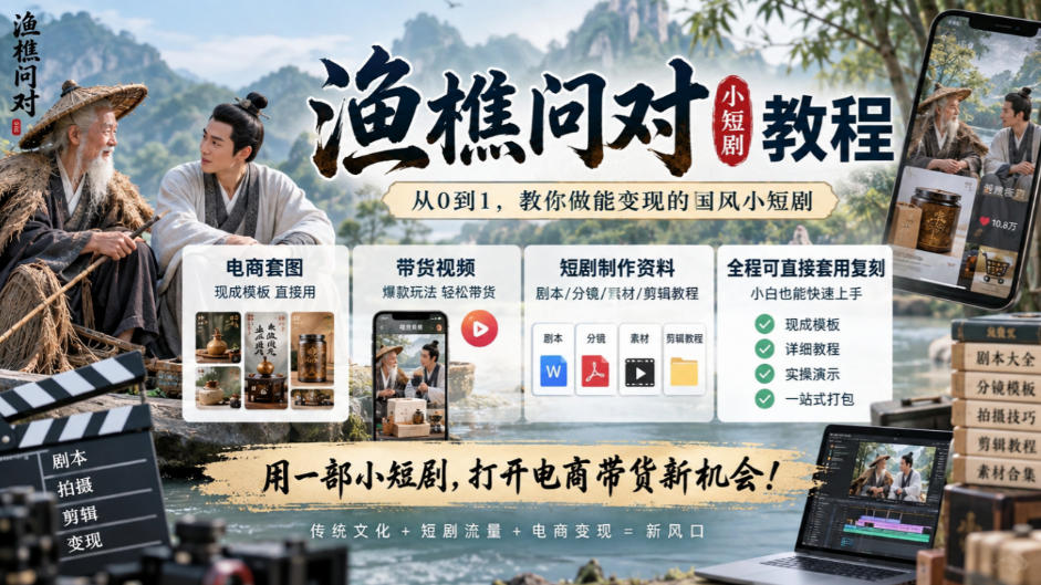 渔樵问对小短剧教程，包含电商套图、带货视频，短剧制作资料，全程可直接套用复刻-轻创终点站