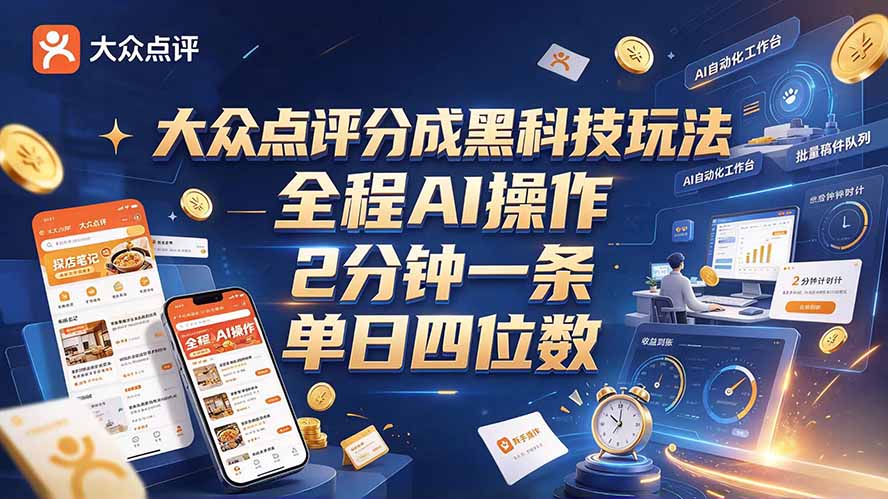 大众点评分成全网独家玩法，AI 全自动出内容，2 分钟一条，小白可冲单日四位数-轻创终点站