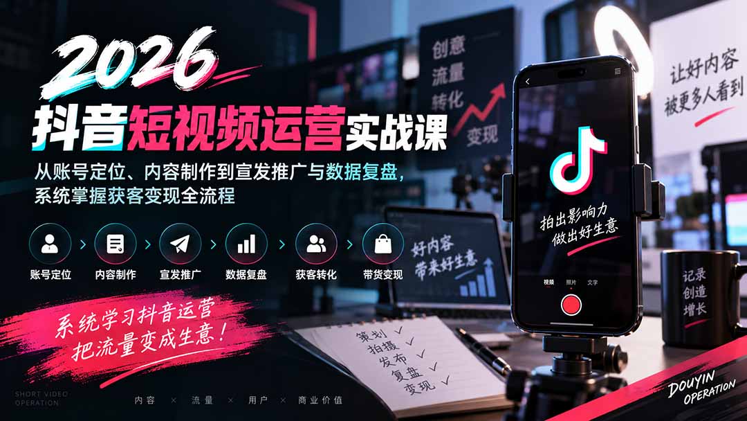 2026抖音短视频运营实战课：从账号定位、内容制作到宣发推广与数据复盘，系统掌握获客变现全流程-轻创终点站