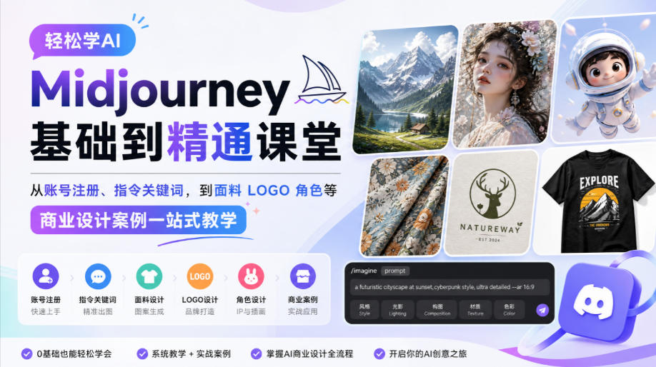 轻松学AI Midjourney基础到精通课堂，从账号注册、指令关键词，到面料LOGO角色等商业设计案例一站式教学-轻创终点站