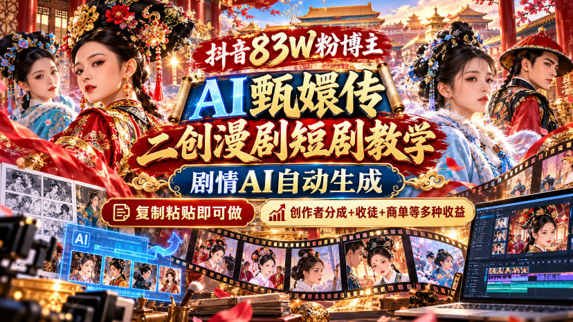 抖音83W粉博主AI甄嬛传二创漫剧短剧教学｜剧情AI自动生成，复制粘贴即可做，各大平台创作者分成+收徒等多种收益-轻创终点站