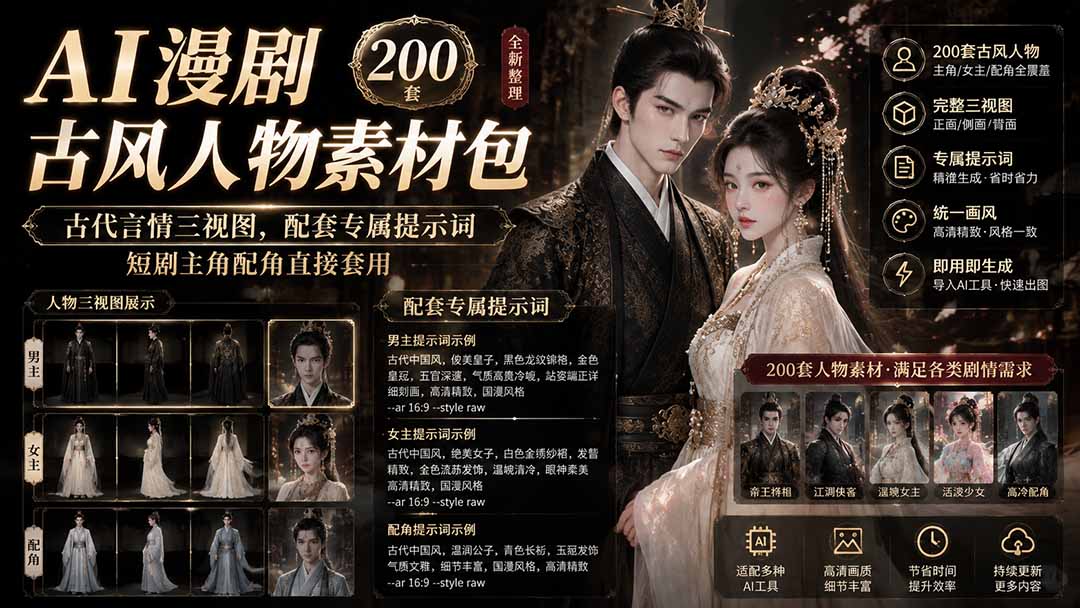 AI漫剧古风人物素材包+提示词|200 套古代言情三视图,配套专属提示词短剧主角配角直接套用-轻创终点站