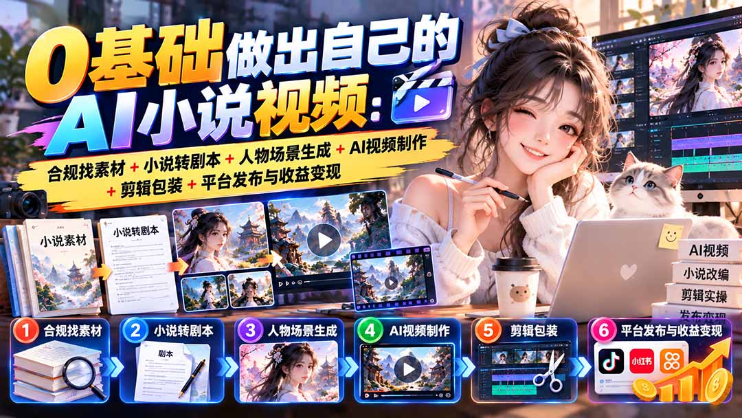 0基础做出自己的AI小说视频：合规找素材+小说转剧本+人物场景生成+AI视频制作+剪辑包装+平台发布与收益变现-轻创终点站