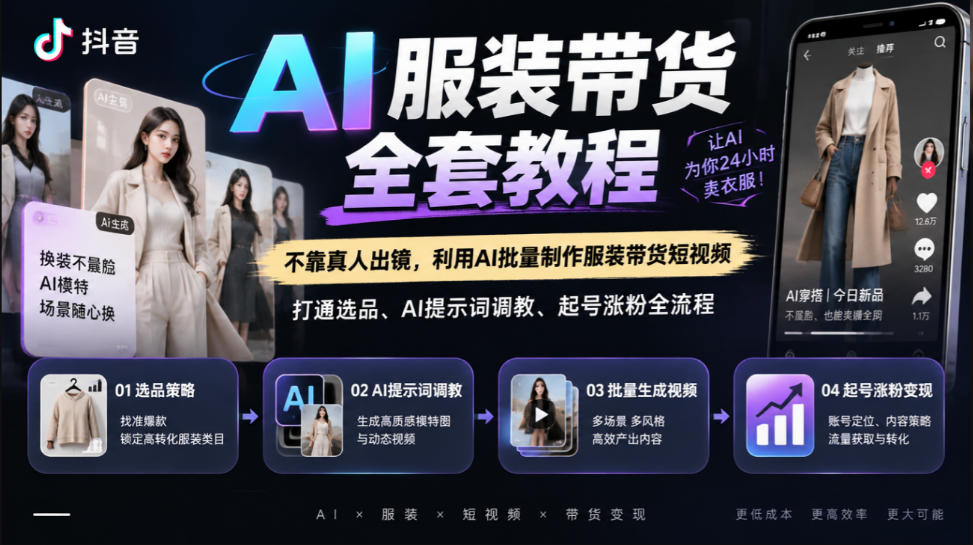 抖音AI服装带货全套教程，不靠真人出镜，利用AI批量制作服装带货短视频，打通选品、AI提示词调教、起号涨粉全流程-轻创终点站