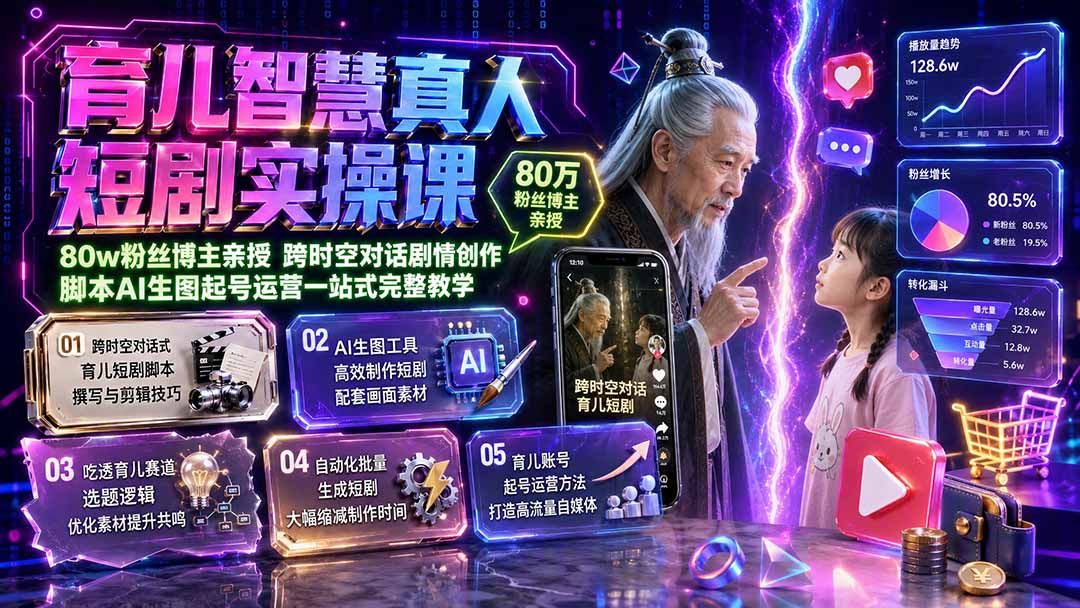 育儿智慧真人短剧实操课｜80w粉丝博主亲授，跨时空对话剧情创作，脚本AI生图起号运营一站式完整教学-轻创终点站