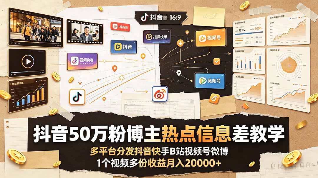 抖音50万粉博主热点信息差教学:多平台分发抖音快手B站视频号微博,1个视频多份收益月入20000+-源创文化:轻创终点站