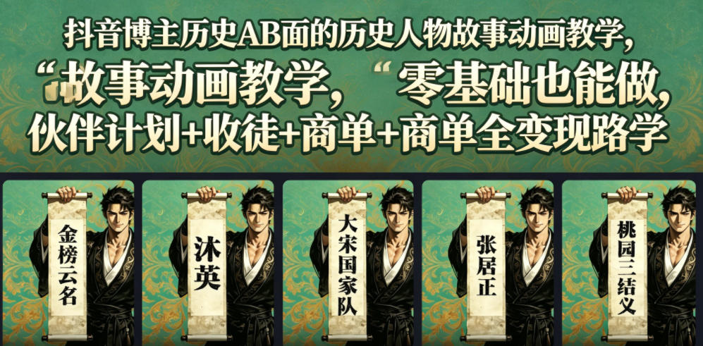 抖音博主历史AB面的历史人物故事动画教学，零基础也能做，伙伴计划+收徒+商单全变现路径教学-源创文化:轻创终点站