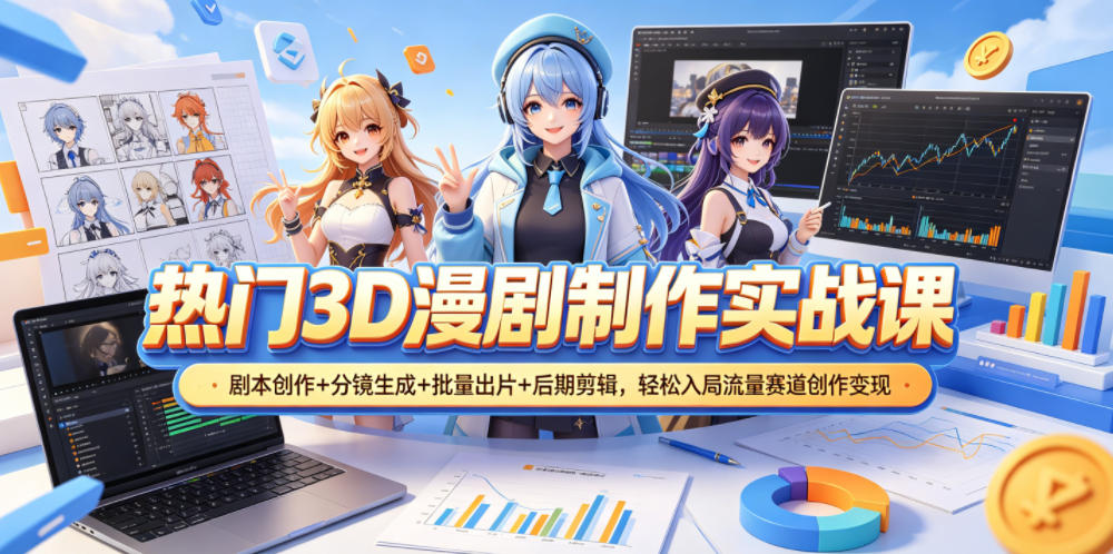 热门3D漫剧制作实战课，剧本创作+分镜生成+批量出片+后期剪辑，轻松入局流量赛道创作变现-源创文化:轻创终点站