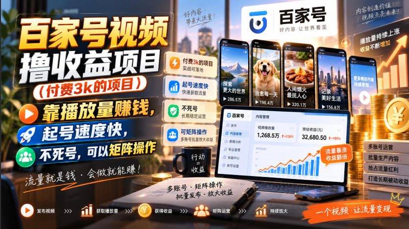 百家号视频撸收益项目(付费3k的项目),靠播放量賺钱,起号速度快,不死号,可以矩阵操作-轻创终点站