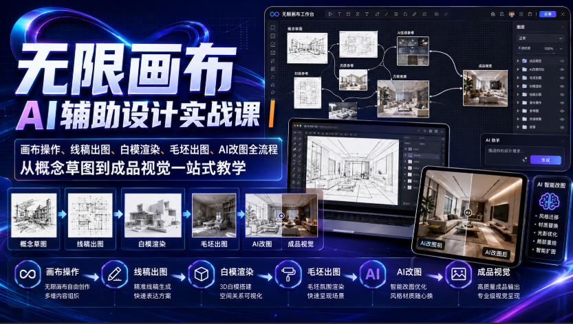 无限画布AI辅助设计实战课｜画布操作、线稿出图、白模渲染、毛坯出图、AI改图全流程，从概念草图到成品视觉一站式教学-轻创终点站
