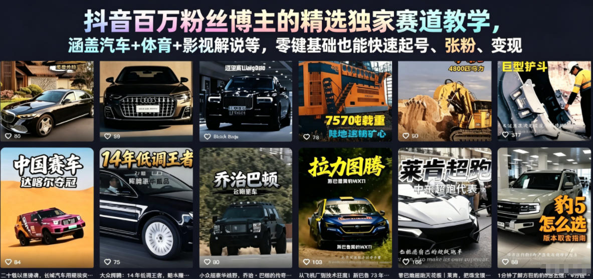 抖音百万粉丝博主的精选独家赛道教学，涵盖汽车+体育+影视解说等，零基础也能快速起号、涨粉、变现-源创文化:轻创终点站
