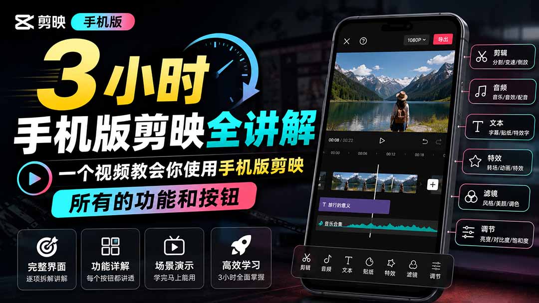 3小时手机版剪映全讲解，一个视频教会你使用手机版剪映，所有的功能和按钮-轻创终点站