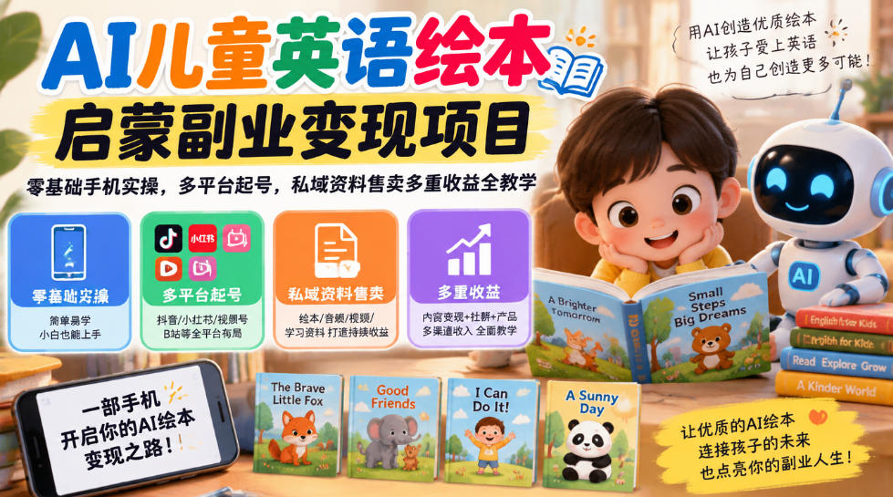 AI儿童英语绘本启蒙副业变现项目，零基础手机实操，多平台起号，私域资料售卖多重收益全教学-轻创终点站