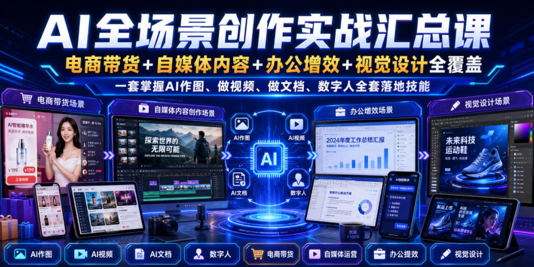 AI全场景创作实战汇总课｜电商带货+自媒体内容+办公增效+视觉设计全覆盖，一套掌握AI作图、做视频、做文档、数字人全套落地技能-轻创终点站