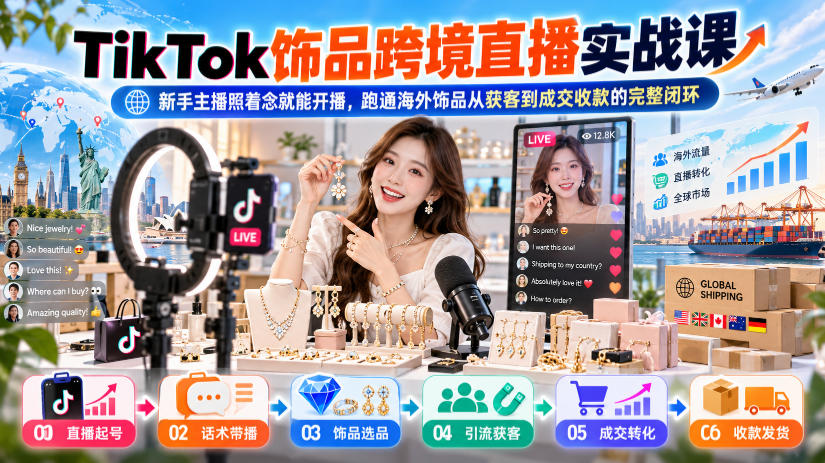 TikTok饰品跨境直播实战课，新手主播照着念就能开播，跑通海外饰品从获客到成交收款的完整闭环-轻创终点站