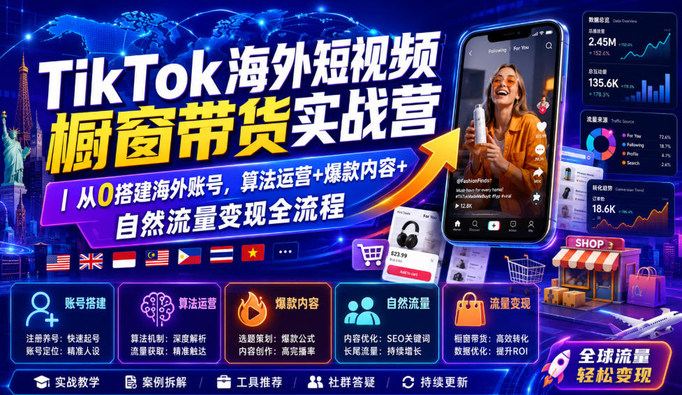 TikTok海外短视频橱窗带货实战营｜从0搭建海外账号，算法运营+爆款内容+自然流量变现全流程-轻创终点站