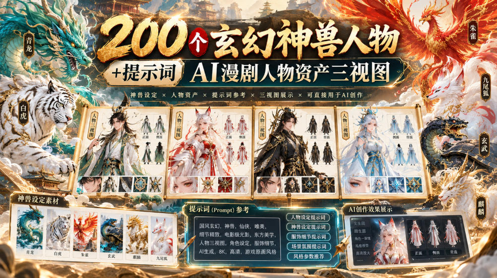 200个玄幻神兽人物+提示词ai漫剧人物资产三视图-轻创终点站