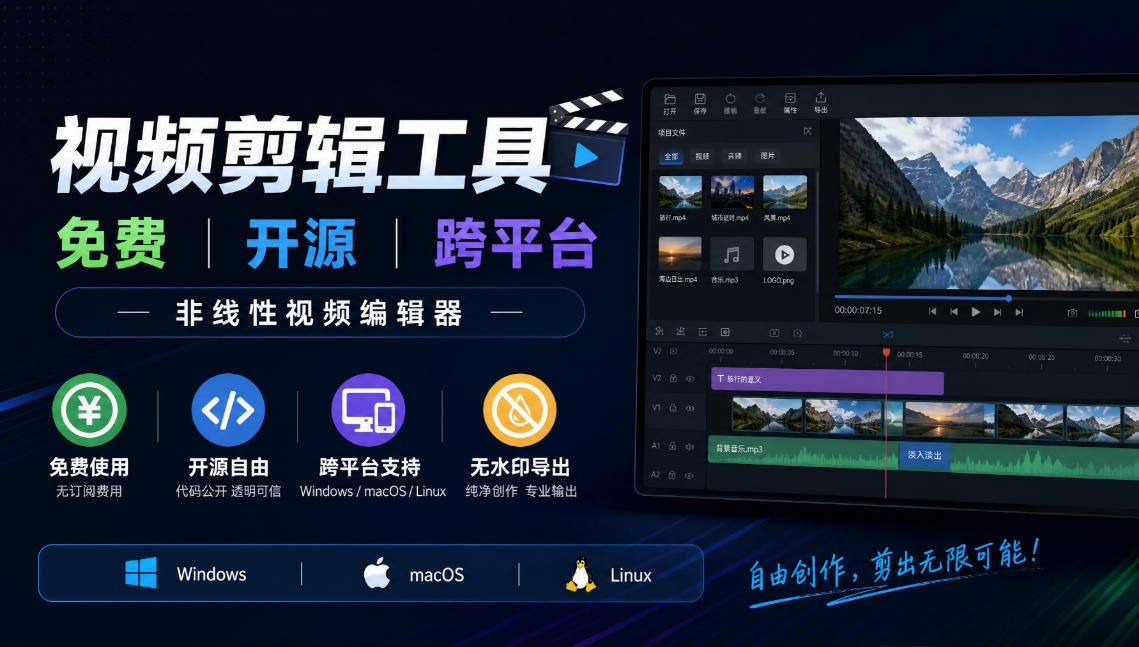 视频剪辑工具，免费、开源、跨平台，非线性视频编辑器，支持Windows、macOS、Linux，无水印、无订阅费用-轻创终点站