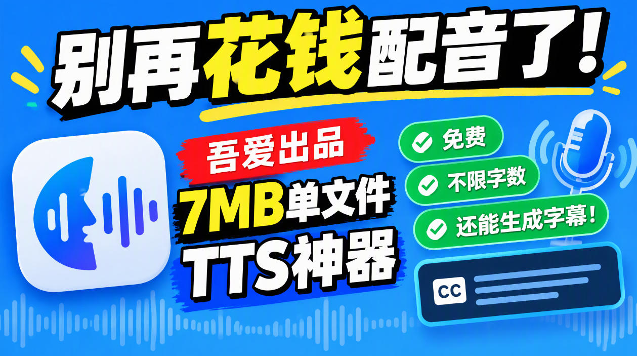 别再花钱配音了！吾爱出品7MB单文件TTS神器，免费不限字数还能生成字幕！-轻创终点站