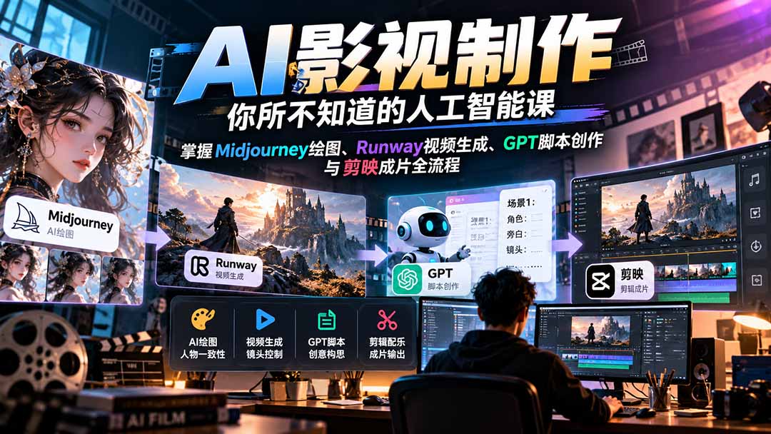【无水印】AI影视制作-你所不知道的人工智能课，掌握Midjourney绘图、Runway视频生成、GPT脚本创作与剪映成片全流程-轻创终点站