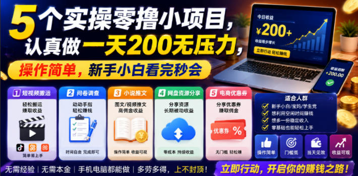 5个实操零撸小项目，认真做一天200无压力，操作简单，新手小白看完秒会【揭秘】-源创文化:轻创终点站