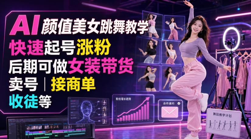 AI颜值美女跳舞教学，快速起号涨粉，后期可做女装带货，卖号，接商单，收徒等-轻创终点站