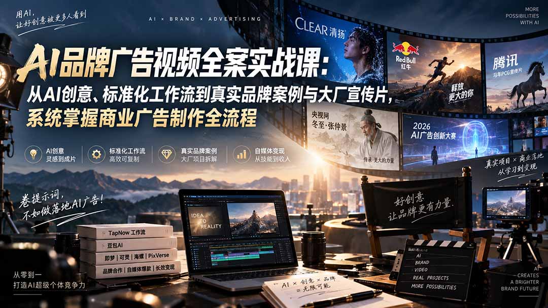 AI品牌广告视频全案实战课：从AI创意、标准化工作流到真实品牌案例与大厂宣传片，系统掌握商业广告制作全流程-轻创终点站
