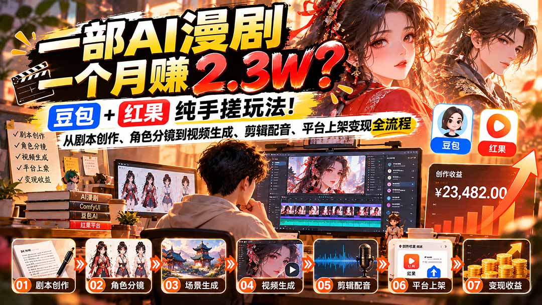 一部AI漫剧一个月赚2.3W？豆包+红果纯手搓玩法！从剧本创作、角色分镜到视频生成、剪辑配音、平台上架变现全流程-轻创终点站