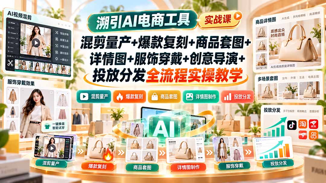 溯引AI电商工具实战课:混剪量产+爆款复刻+商品套图+详情图+服饰穿戴+创意导演+投放分发全流程实操教学-轻创终点站