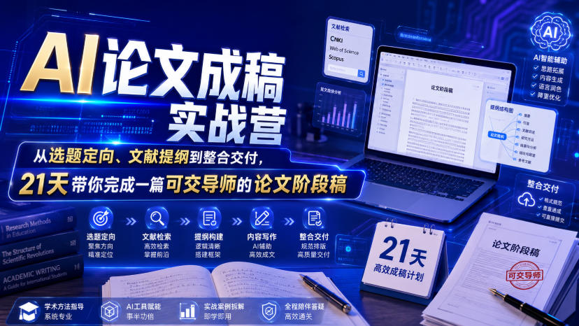 AI论文成稿实战营,从选题定向、文献提纲到整合交付,21天带你完成一篇可交导师的论文阶段稿-轻创终点站