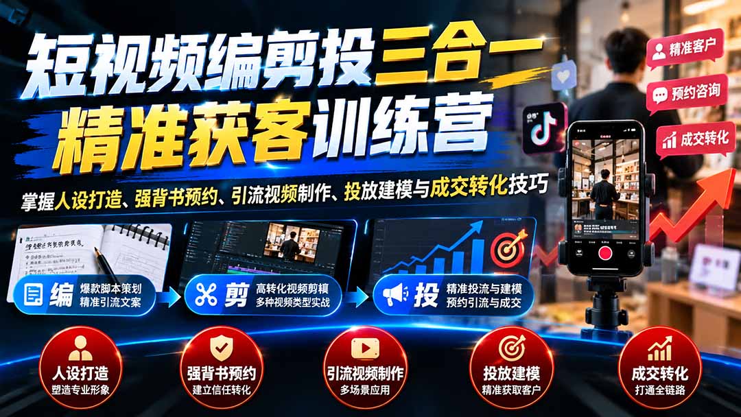 短视频编剪投三合一精准获客训练营：掌握人设打造、强背书预约、引流视频制作、投放建模与成交转化技巧-轻创终点站