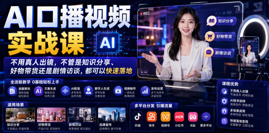 AI口播视频实战课,不用真人出镜,不管是知识分享、好物带货还是剧情访谈,都可以快速落地-源创文化:轻创终点站