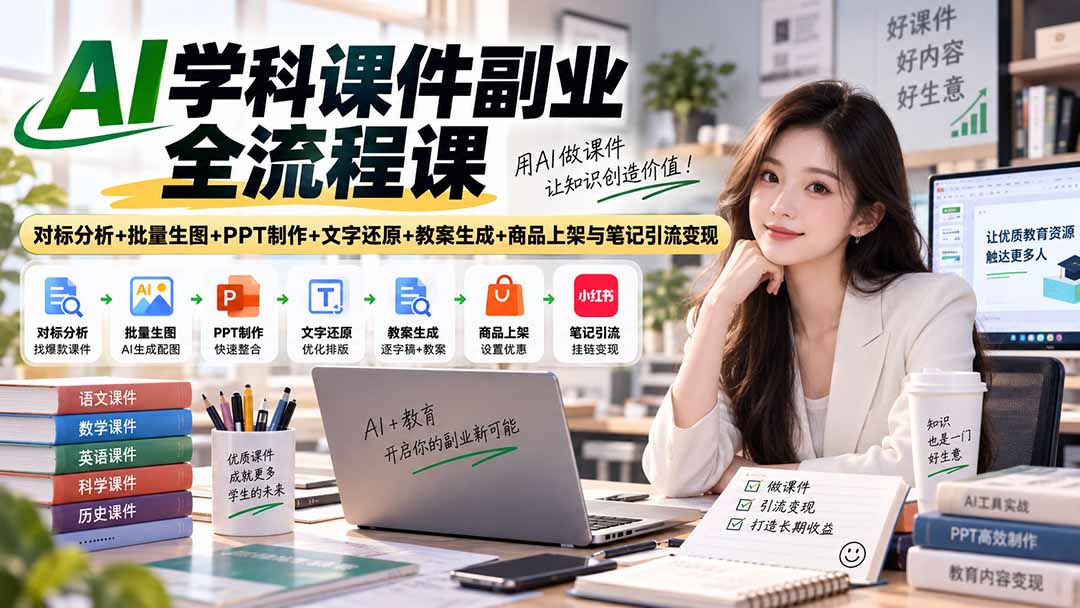 AI学科课件副业全流程课｜对标分析+批量生图+PPT制作+文字还原+教案生成+商品上架与笔记引流变现-轻创终点站