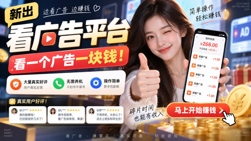 新出看广告平台，看一个广告一块钱，大量真实好评！无需养机、不会黑号，操作简单【揭秘】-轻创终点站