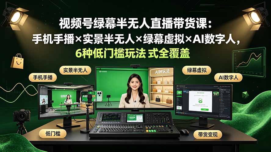 视频号绿幕半无人直播带货课：手机手播×实景半无人×绿幕虚拟×AI数字人，6种低门槛玩法全覆盖-源创文化:轻创终点站