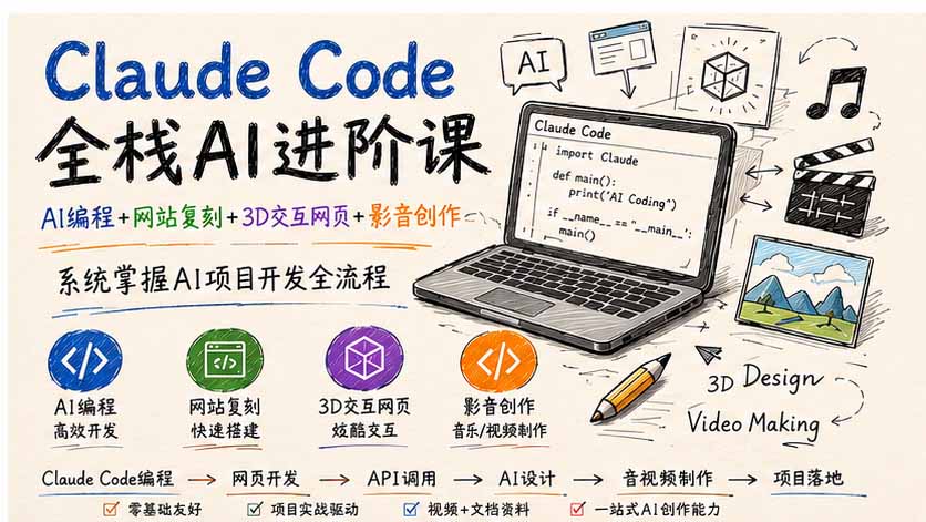 Claude Code全栈AI进阶课；AI编程+网站复刻+3D交互网页+影音创作，系统掌握AI项目开发全流程-轻创终点站