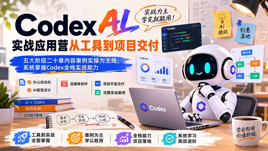 Codex AI实战应用营从工具到项目交付；五大阶段二十章内容案例实操为主线，系统掌握Codex全栈实战能力-轻创终点站